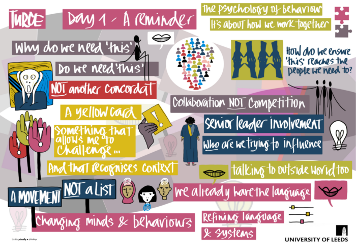 A vibrant and dynamic graphic illustration related to organisational change, prominently featuring phrases and illustrations that emphasise collaboration over competition and the importance of changing minds and behaviours. Key elements include speech bubbles with phrases like "Why do we need 'this' NOT another concordat" and "A yellow card something that allows me to challenge... And that Recognises context!", questions like "The psychology of behaviour It's about how we work together" and "How do we ensure this reaches the audience we need to?". Additional phrases like "NOT A list," "A MOVEMENT," and suggestions for refining language & systems. The overall theme conveys a call for transformation in organisational culture towards more cooperative and adaptive practices.